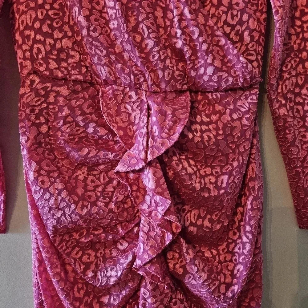 Forest lily Printed Ruched Animal Print Long Sleeve Feminine Mini Dress Pink 6. - Picture 9 of 16